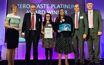 (l-r) Julie Etchingham; Peter Hunt, WasteCare; Nicola Greaves and Kerren McCarron of KP Snacks; Johan Sundblad, Saica Natur; Steve Eminton